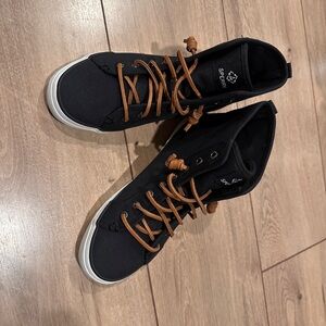 Sperrys, black and white with brown laces